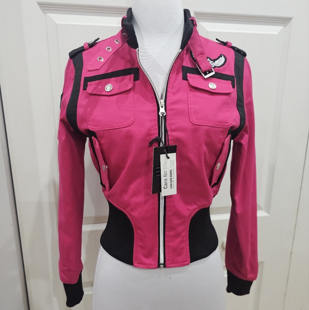 ~SOLD~ 1 RMT Raw Blue Pink Purple Moto Patch Buckle Collar Zip Up Jacket Coat S - Picture 2 of 16